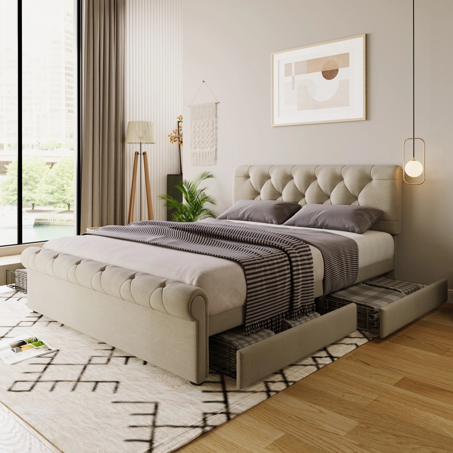 Polsterbed – Tweepersoonsbed – Bed Met Opbergladen – Bed 140x200 Cm – Verstelbaar Hoofdeinde – Huidvriendelijke Linnenstof - QUORE