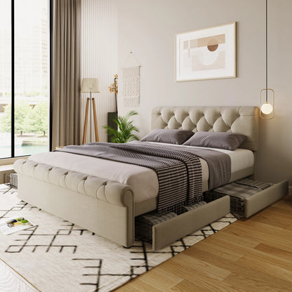 Polsterbed – Tweepersoonsbed – Bed Met Opbergladen – Bed 140x200 Cm – Verstelbaar Hoofdeinde – Huidvriendelijke Linnenstof - QUORE