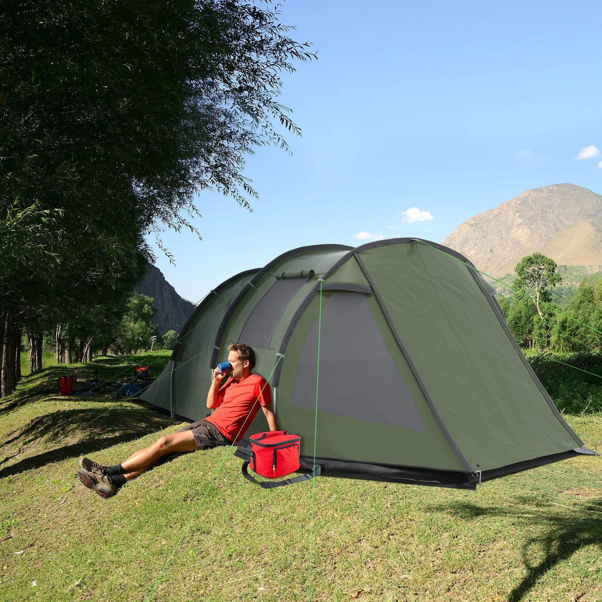 Tunnel Tent - 3 tot 4 Personen - Waterdicht & UV-bestendig - Grote Ruimte - Ventilatieramen - Outdoor Kampeertent - 475x264x172 cm - Groen - QUORE