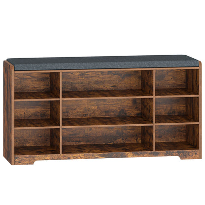 Schoenenbank - met Zitvlak en Opbergkussen - Schoenenrek met 9 Vakken - Verstelbare Planken - Minimalistisch Design - Opbergbank voor Woonkamer - Wit/Grijs - 30 x 103 x 52,7 cm - QUORE