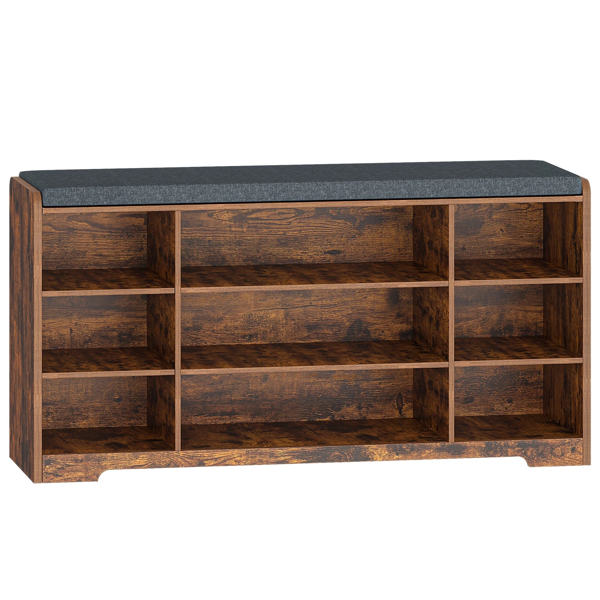 Schoenenbank met Zitvlak en Opbergkussen - Vintage Brown Schoenenrek - 9 Vakken - Verstelbare Planken - Minimalistisch Modern Meubel voor Woonkamer - 30 x 103 x 52,7 cm - QUORE