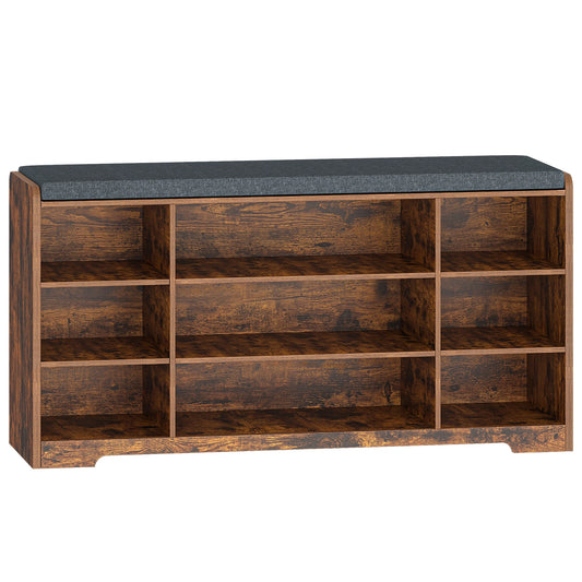 Schoenenbank met Zitvlak en Opbergkussen - Vintage Brown Schoenenrek - 9 Vakken - Verstelbare Planken - Minimalistisch Modern Meubel voor Woonkamer - 30 x 103 x 52,7 cm - QUORE