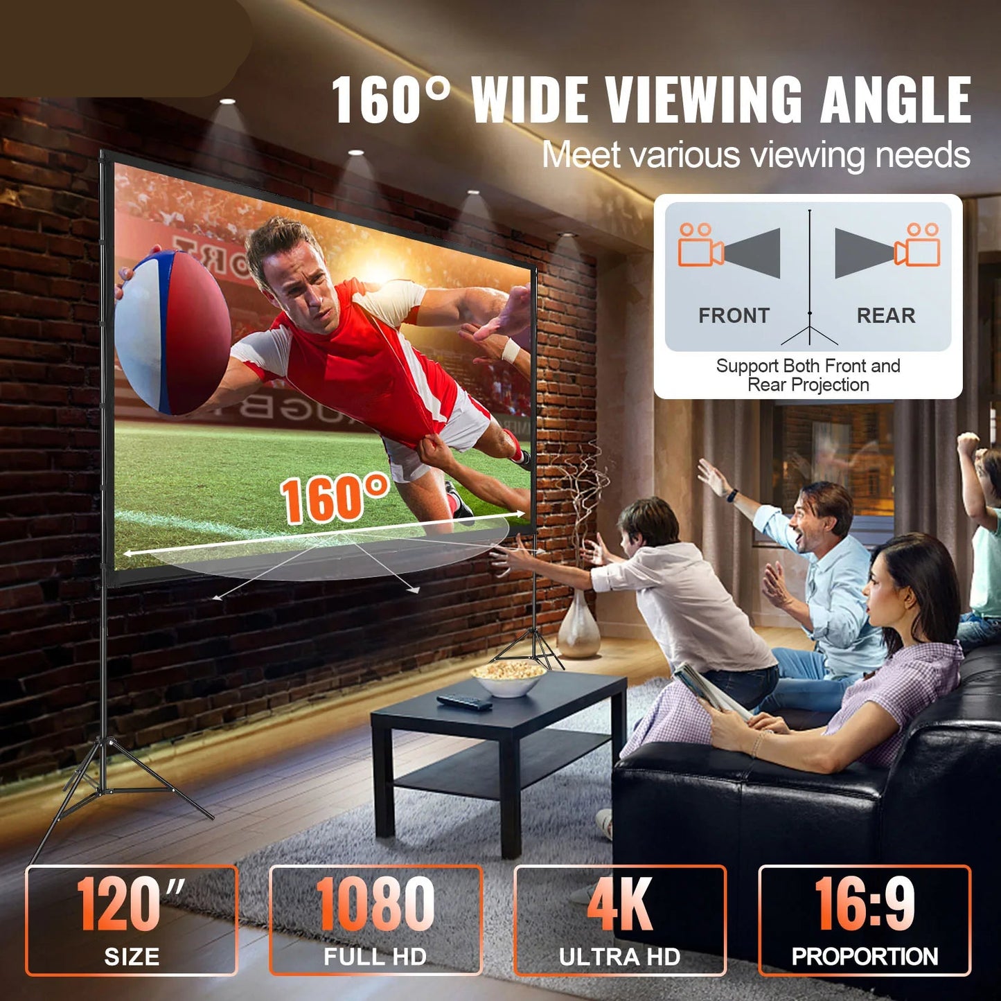 Projectiescherm - Beamer Scherm - Projector Scherm - Home Cinema - 4K/1080P HD Buitenbioscoop Scherm - voor Thuisbioscoop en Tuingebruik - met Statief 150 Inch - Beamer Mini - Draagbaar - Opvouwbaar