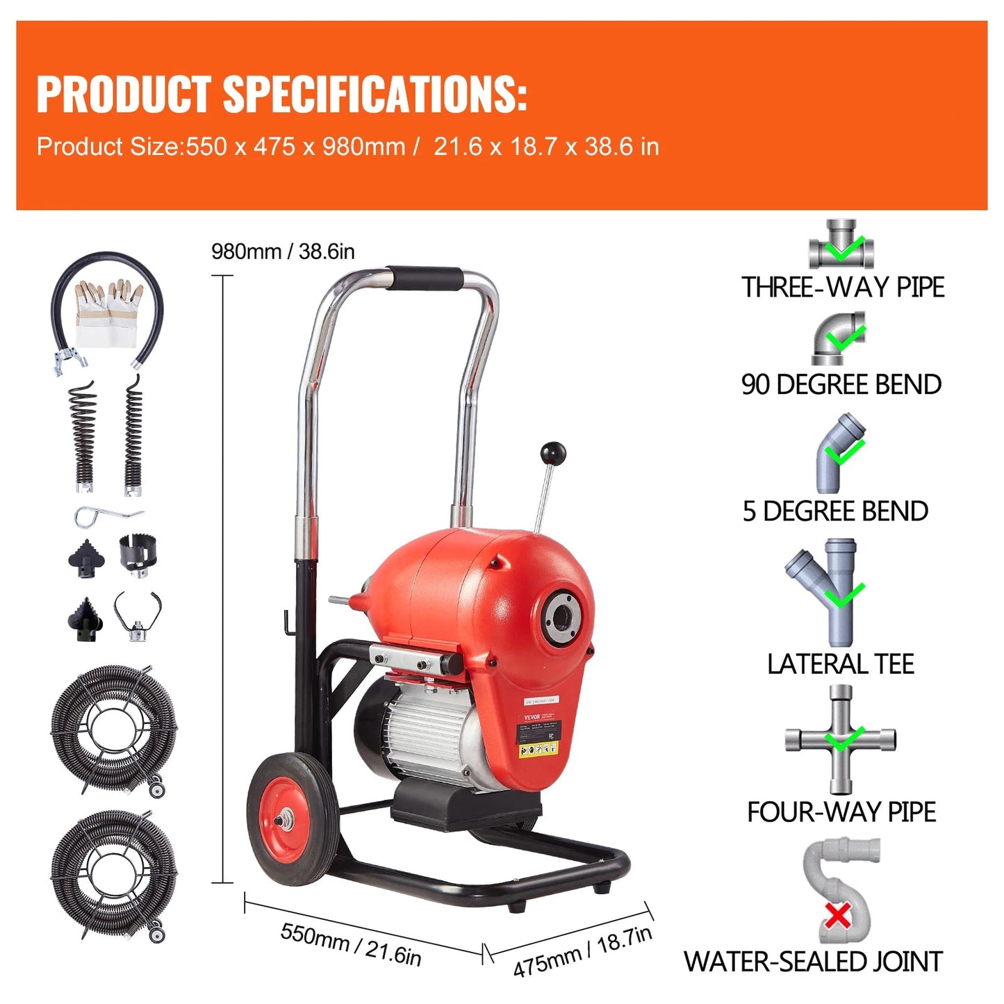 Elektrische Rioolslang – Rioolreiniger – Afvoerontstopper – Kabelmachine – Verstopte Afvoer – 1100 Watt Motor – 36 Meter Stalen Kabel - QUORE
