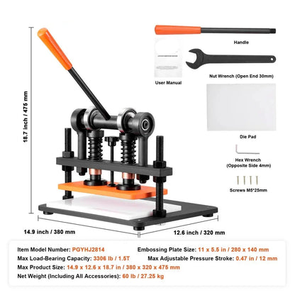 Handmatige Leersnijmachine - Lederen Snijmachine - Embossing Machine - Handmatige - met 12 mm Drukslag - Stanspers - voor Leer - Foam - Rubber en Kunststof - Verstelbare Druk - 1.5 Ton Drukkracht - 28 x 14 cm
