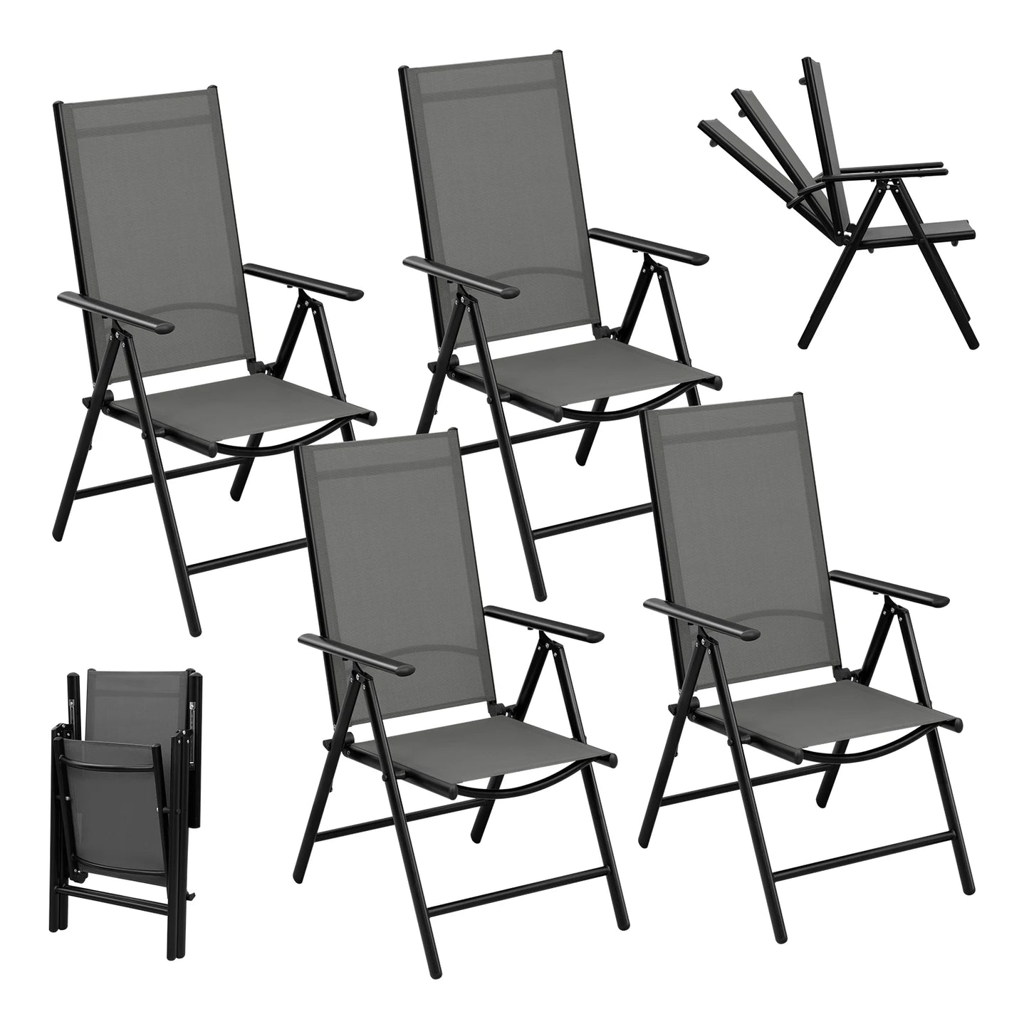 Opvouwbare Tuinstoelen Set van 4 – Inklapbare Stoelen met 7 Standen – Verstelbare Buitenkstoelen – Zwart – 150 kg Draagvermogen – 48x67x84 cm - QUORE