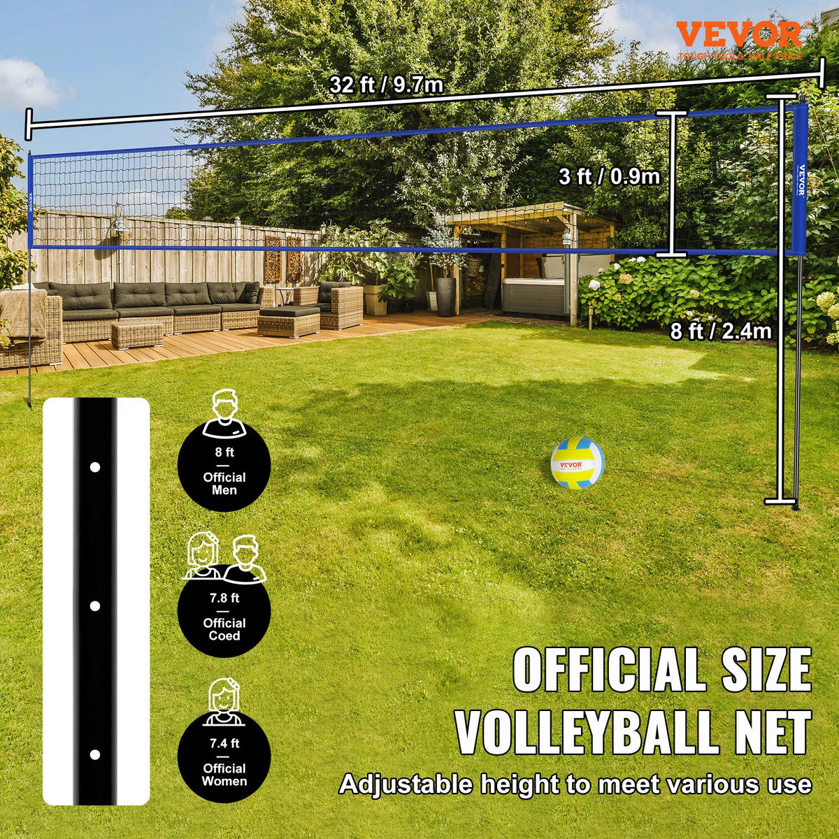 Volleybal - Volleybalnet - Net - Badmintonnet - Verstelbare Hoogte Stalen Palen - met PVC Volleybalpomp Draagtas - voor Achtertuin Strand Gazon - 1.5inch - QUORE