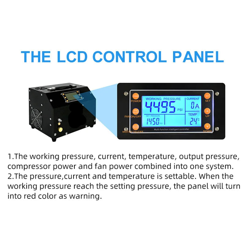 Luchtcompressor - Luchtcompressor Bandenpomp - Airpress Compressor - met LCD-scherm - Digitaal Besturingssysteem - 300Bar - 4500Psi PCP - 220V - met Ingebouwde 12V Draagbare Stroomadapter Ventilator