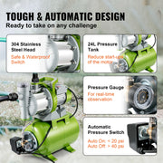 Vevor - Shallow Well Pump - with pressure tank - Portable Jet Pump - 1300W - 4200 L/h Flow - 50 m Head for Irrigation - Water Transfer - Green