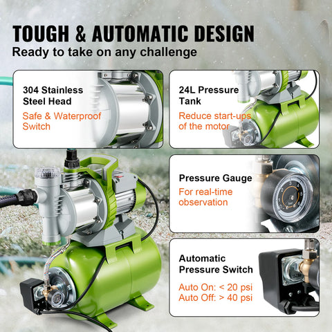 Vevor - Shallow Well Pump - with pressure tank - Portable Jet Pump - 1300W - 4200 L/h Flow - 50 m Head for Irrigation - Water Transfer - Green