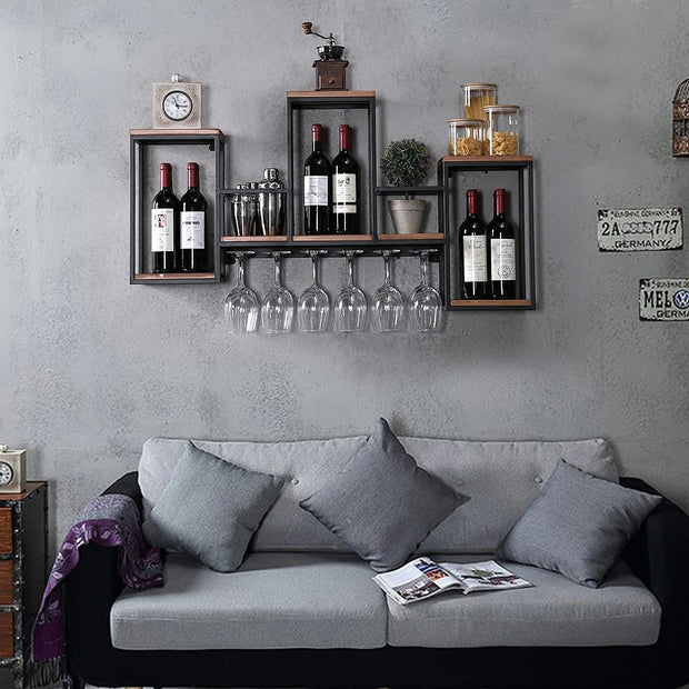 Wine Rack - Wine Bottle Rack - Wijnrek - Wijnflessenrek - Metalen Wijnfleshouder - Industrieel Wandgemonteerd Wijnrek - Luxe Opslag voor Wijnflessen & Glazen