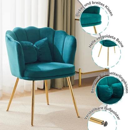 Eetkamerstoelen – Set van 2 - Velours Stoel – Lounge Stoel – Fluwelen Fauteuil – Design Fauteuil – Bloembladdesign – Ergonomisch Zitcomfort – Vergulde Metalen Poten - Blauwgroen