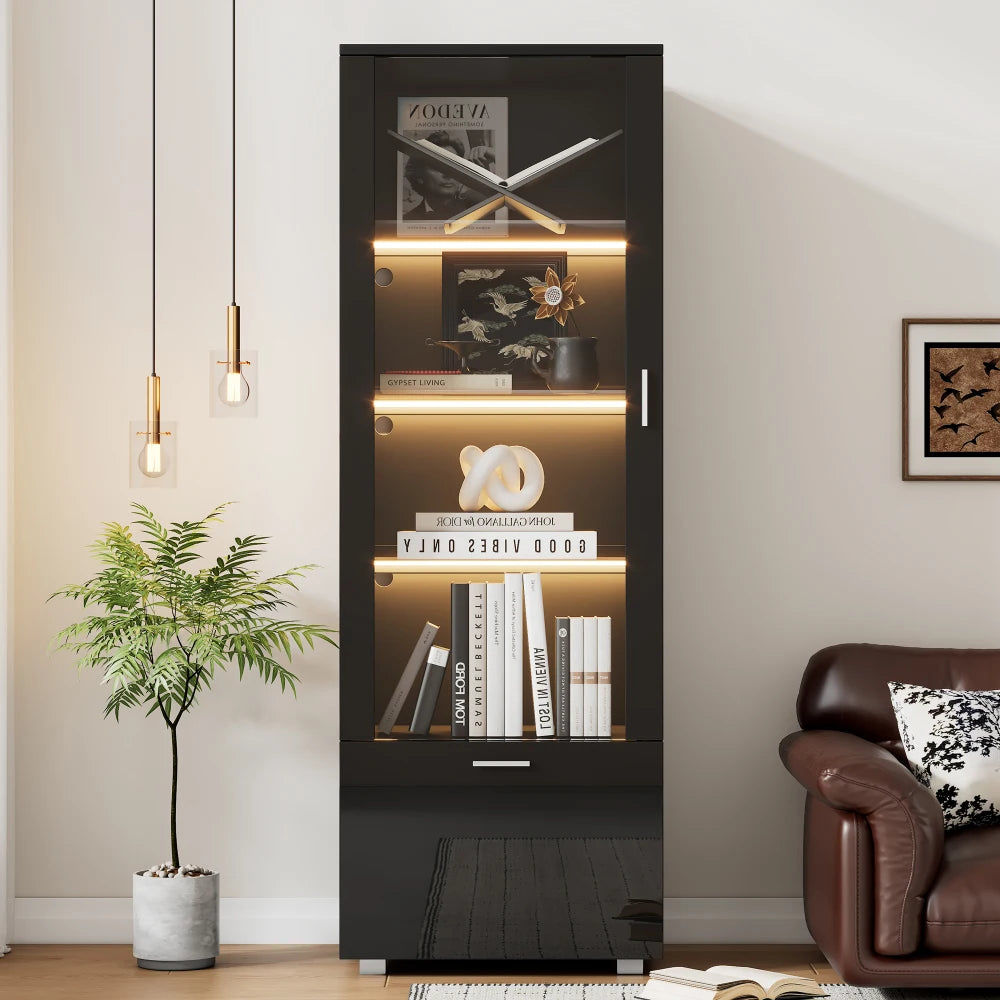 Vitrinekast Zwart – Vitrinekast Hoogglans – Showkast – Glasvitrine – Opbergkast – LED-Verlichting – Gehard Glas Planken
