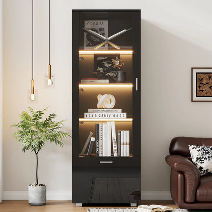 Vitrinekast Zwart – Vitrinekast Hoogglans – Showkast – Glasvitrine – Opbergkast – LED-Verlichting – Gehard Glas Planken