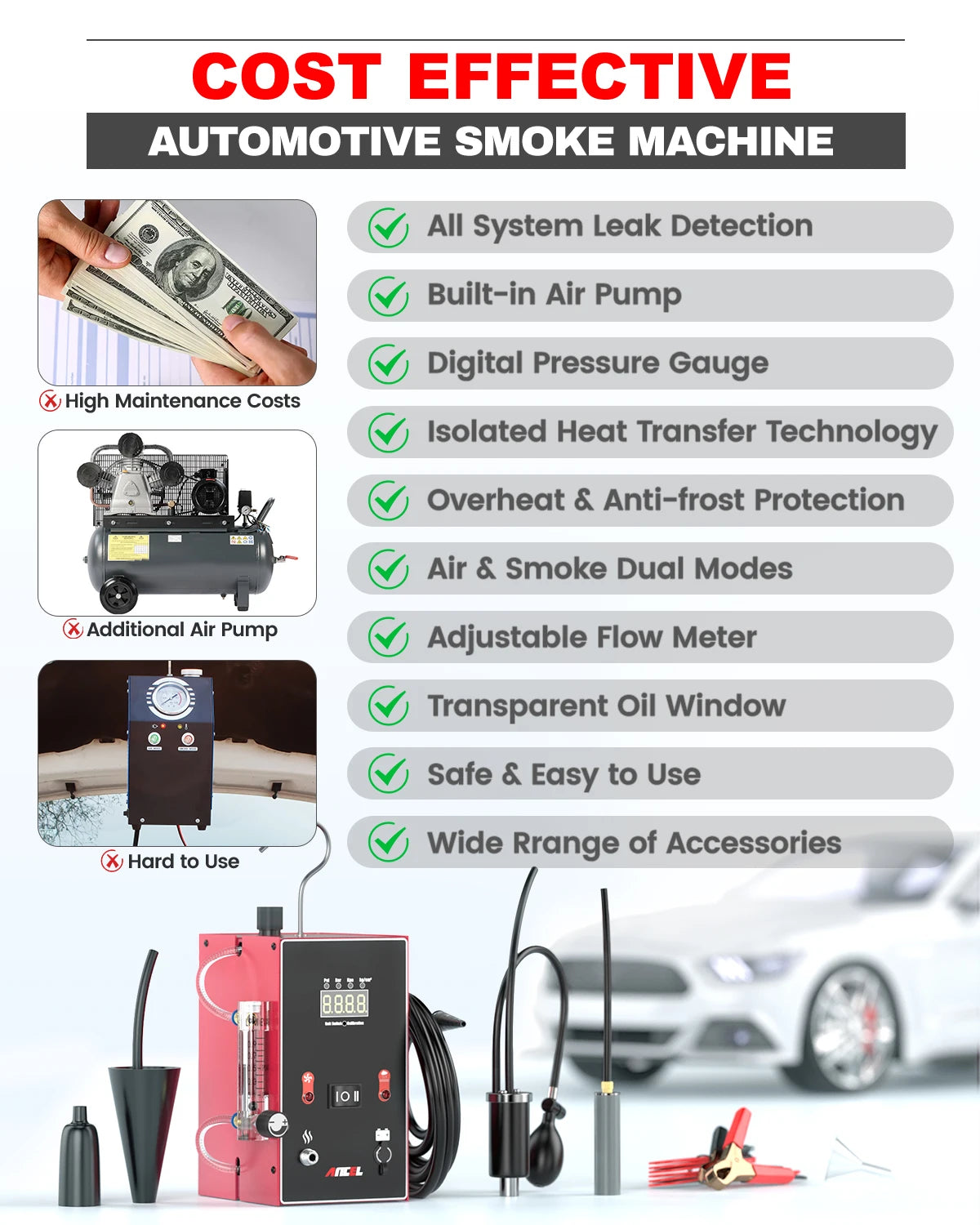 ANCEL L300 Smoke Machine Automotive Built-in Air Pump Vacuum Leak Detector with Digital Pressure Gauge Full System Evap Leaks