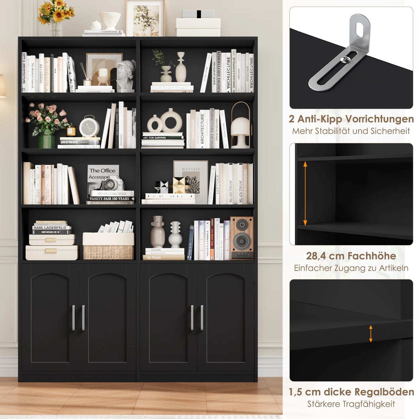 Boekenkast – Hoge Kast – Opbergkast – Staande Kast – Wandkast – 12 Vakjes & 4 Deuren – MDF Eiken Look 115x27x185,5 cm
