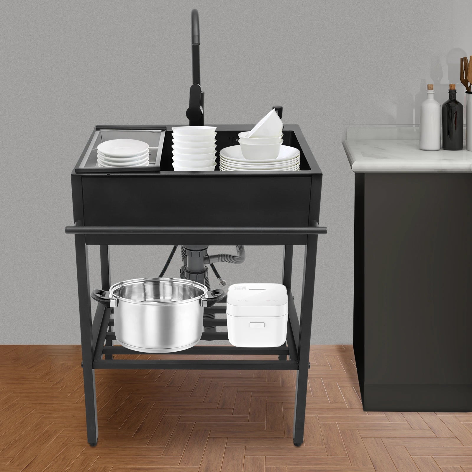 Vrijstaande Keukenspoelbak – Spoelbak, Wasbak, Keukenspoelbak, Inloopbak – Zwart, Rechthoekig – 201 Roestvrij Staal, 360° Draaibare Kraan – 60x45x86 cm, Inclusief Accessoires - QUORE
