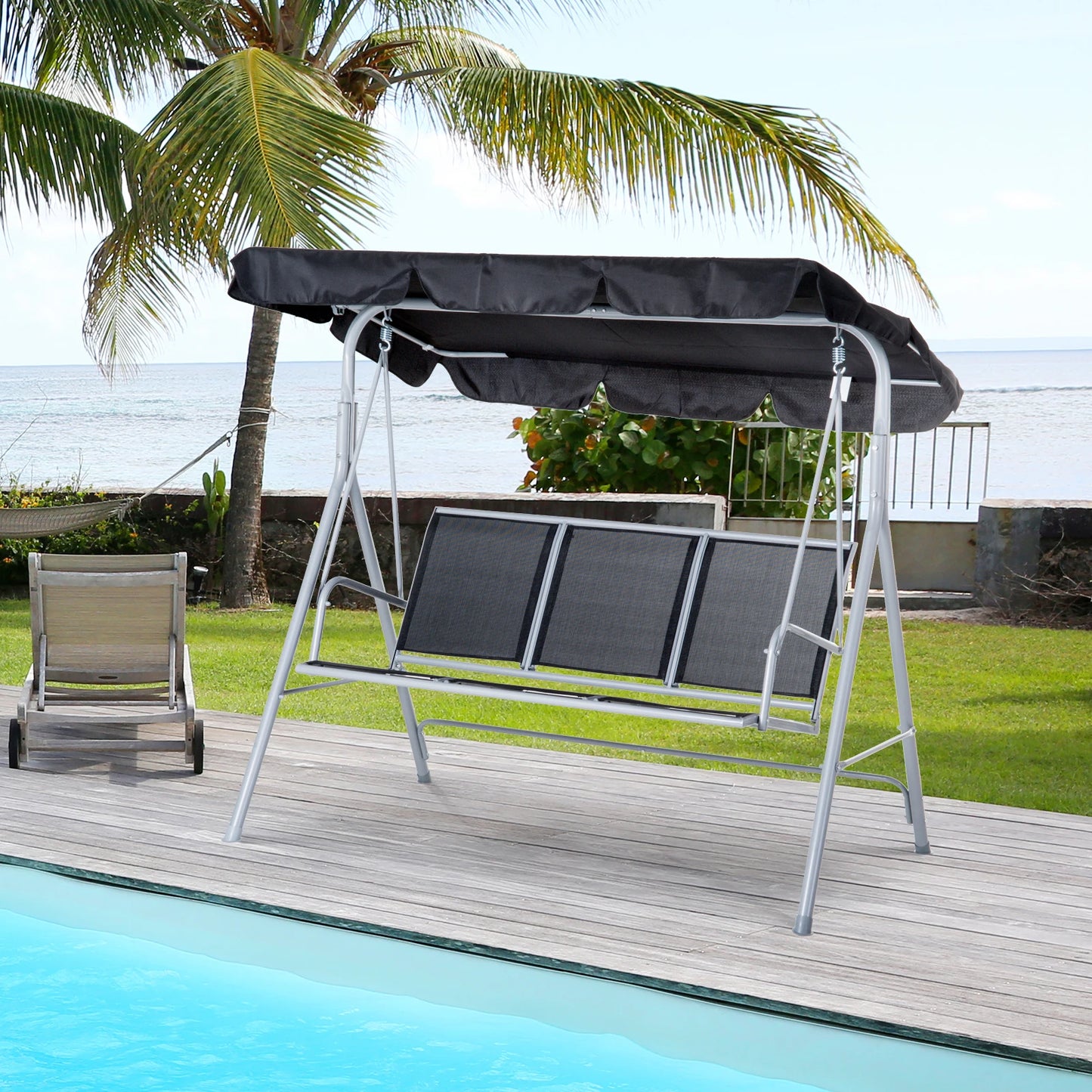 Tuinschommel - Schommelbank - Hangbank - 3 Persoons - Verstelbare Rugleuning - en Zonnescherm - 240kg Draagkracht - Ademend Textilene - Weerbestendig - Metalen Frame - Outdoor - 171x108x154 cm - voor Balkon - Tuin of Terras - Zwart