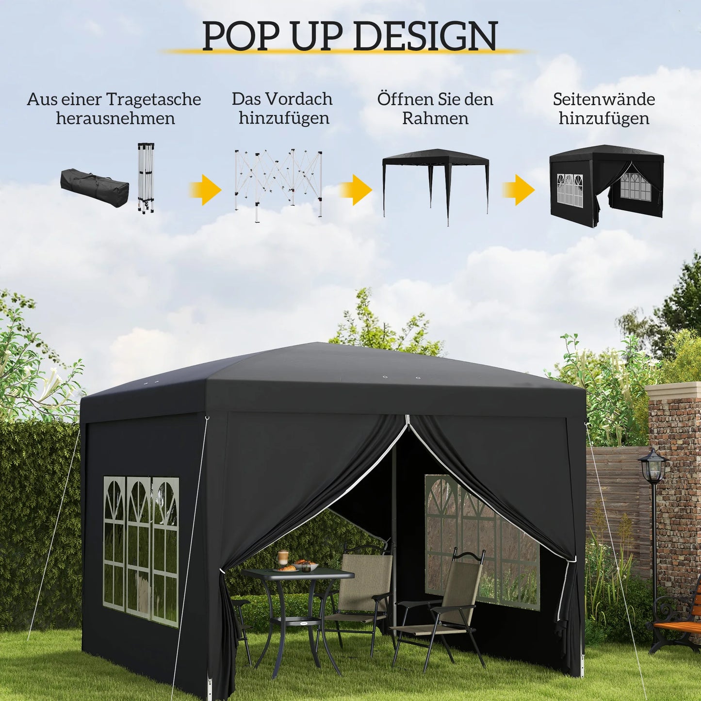 Pop-Up Paviljoen – Partytent – Tuinpaviljoen – Waterdichte Tent – Afneembare Zijwanden – Stalen Frame – UV-Bestendig - Zwart