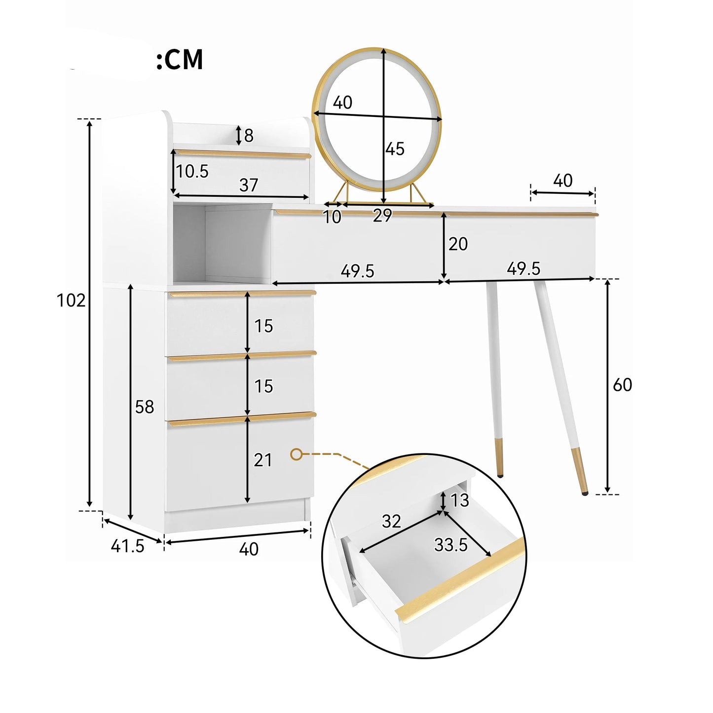 Make-Up Tafel – Make-Up Bureau – Beauty Tafel – Kaptafel – Uittrekbare Tafelblad – 6 Lades – LED-Spiegel Met 3 Lichtstanden