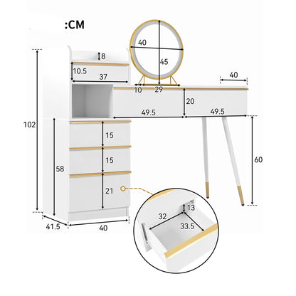 Make-Up Tafel – Make-Up Bureau – Beauty Tafel – Kaptafel – Uittrekbare Tafelblad – 6 Lades – LED-Spiegel Met 3 Lichtstanden