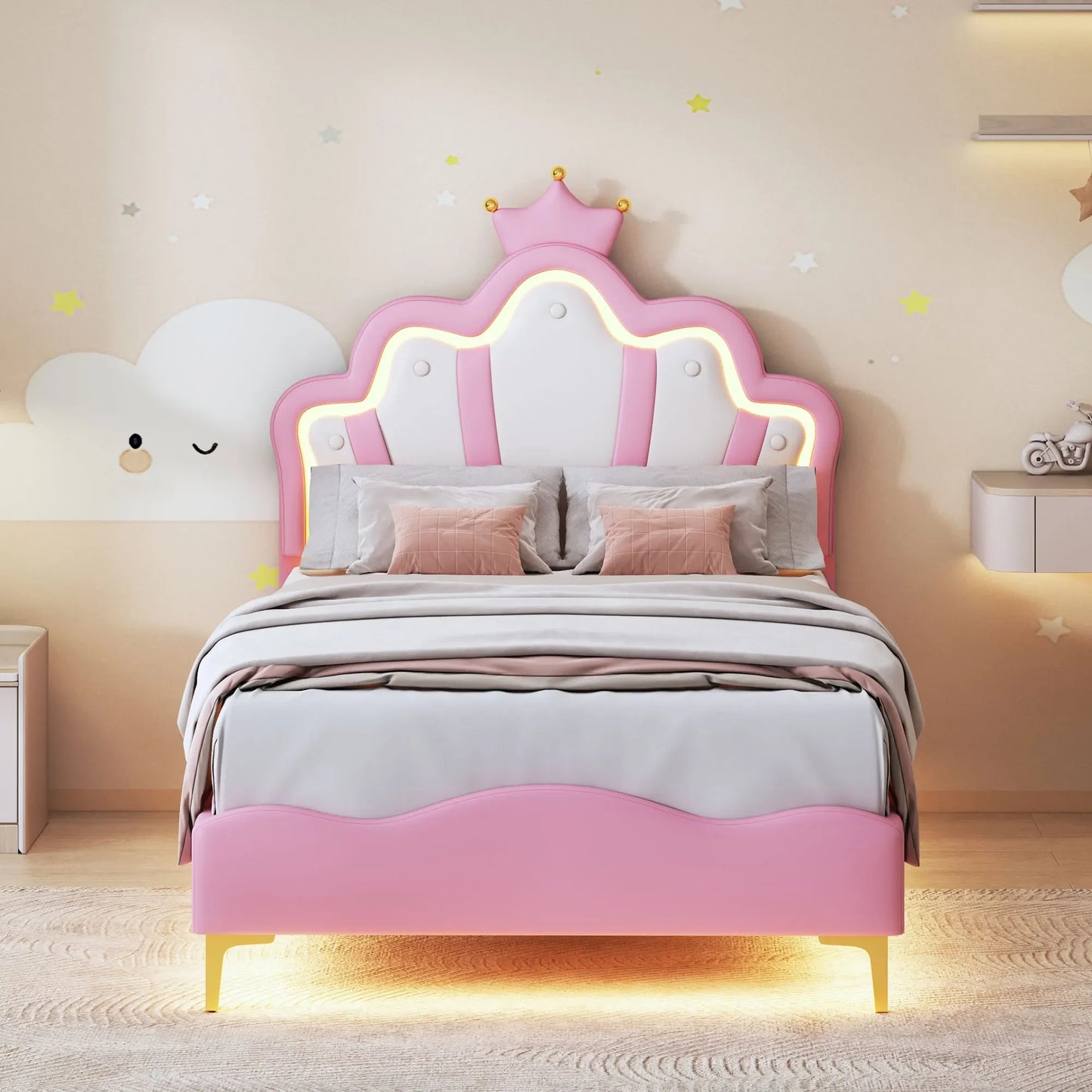Kinderbed – Prinsessenbed – Eenpersoonsbed – Meisjesbed – Kinderbedframe – Kroonvormig Hoofdeinde – Fluwelen Bekleding – Afmeting 90x200 cm