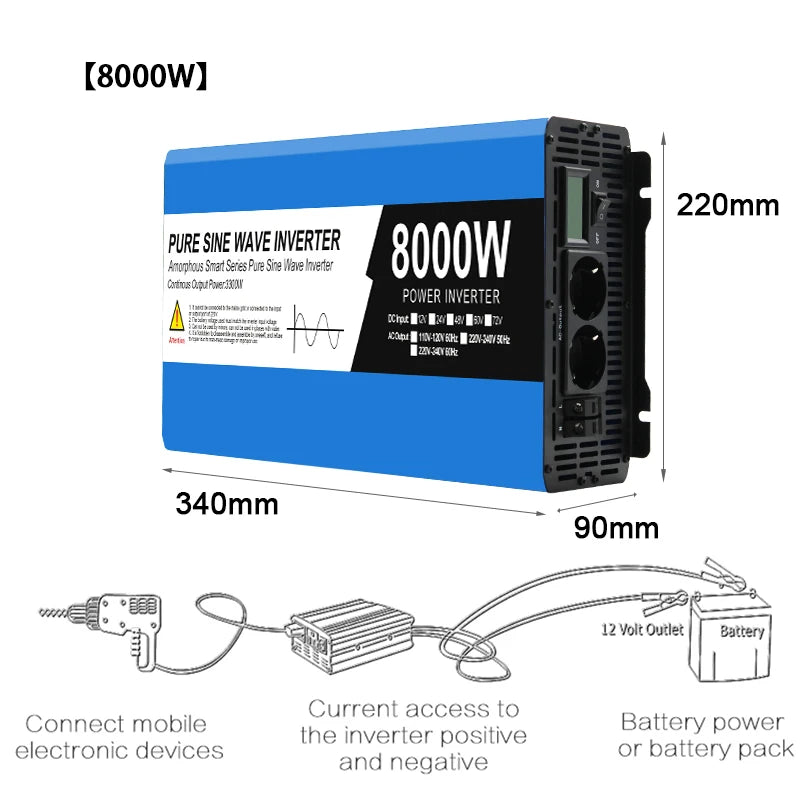 Pure Sine Wave Omvormer – Stroomomzetter – Energie Omvormer – DC Naar AC Converter – 12V 8000W Variant – Zuivere Sinusgolf – 92% Efficiëntie