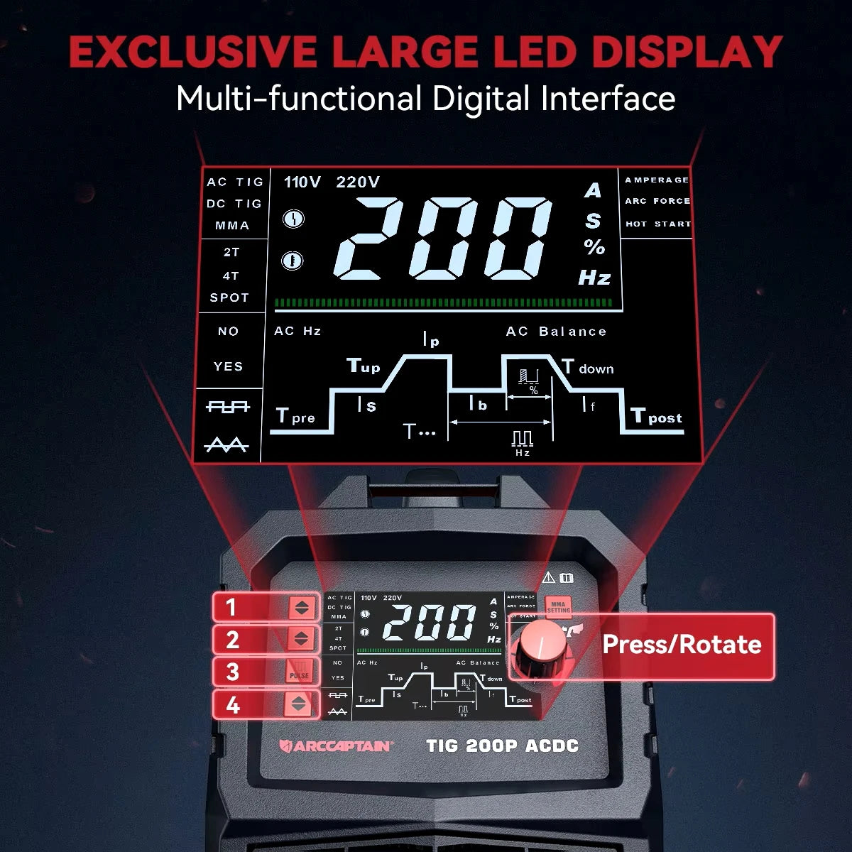 ARCCAPTAIN  7 in 1 AC/DC TIG Aluminium Welding Machine MMA Pulse Square Triangular HF TIG Stainless Argon Precise 2T 4T Welder
