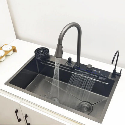 RVS Spoelbak – Keukenspoelbak – Enkele Kom – Aanrechtbak – Spoeltafel – Grote 75x46 cm – 304 Roestvrijstaal – LED Watervalkraan