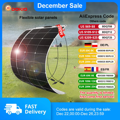 DOKIO 200W (two 100W) 18V flexible solar panel waterproof monocrystalline solar panel camping RV home 12V battery charging
