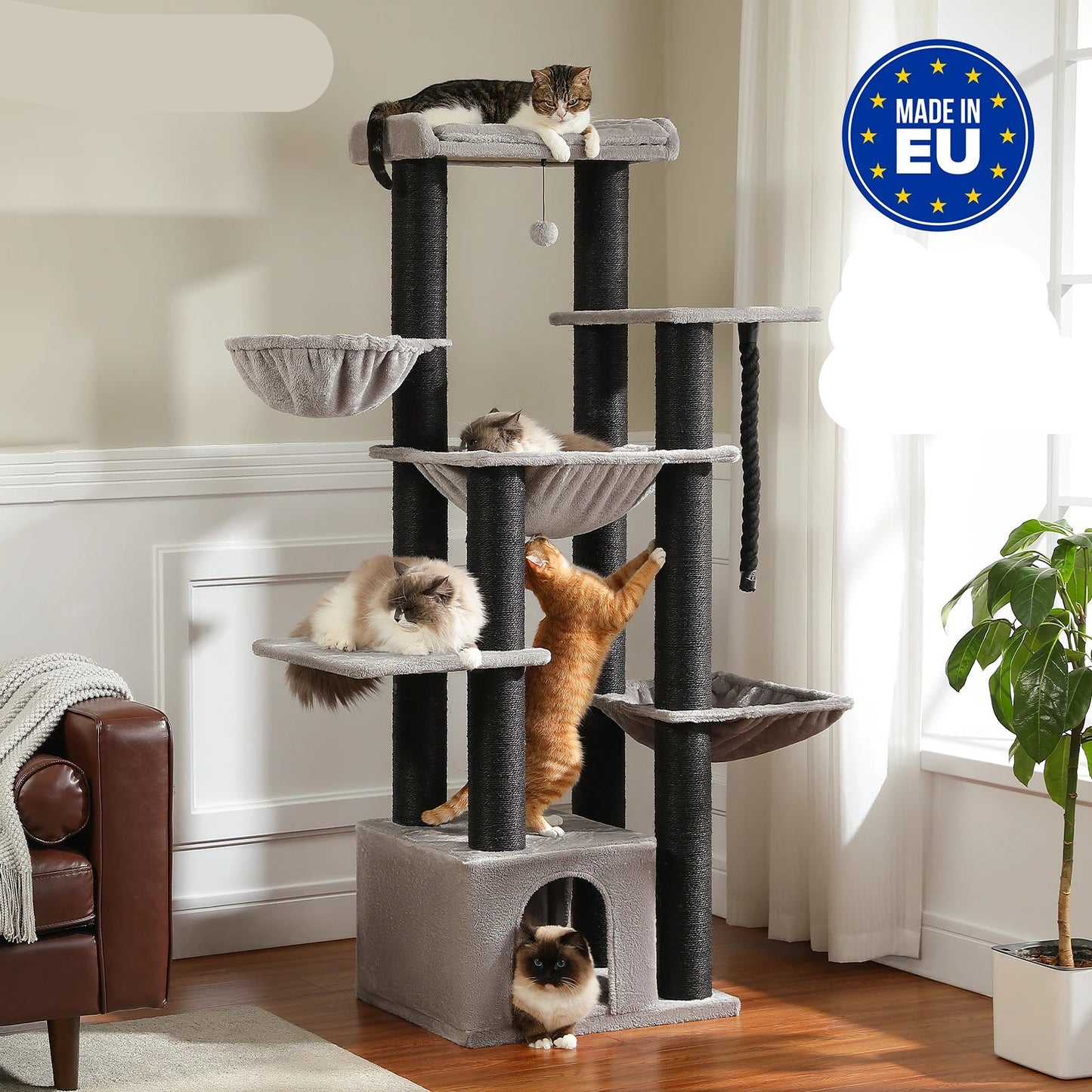 Kattenboom - voor Grote Binnenkatten – Krabpaal - Hoog Kattenmeubel - met Sisal Krabpalen - Condo Hangmat - Meerdere Verdiepingen – Arbre a Chat - met Pluche Perch Speelbal - 170cm - Zwart