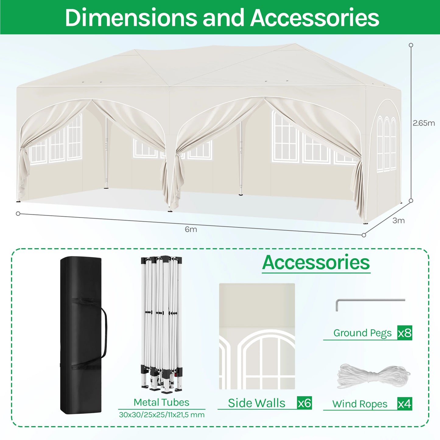 Paviljoen - Tuinpaviljoen - Partytent - Tuintent - Pop-up Kliksysteem - Stabiel - Vouwtent - Opvouwbaar - Weerbestendig - met 6 Zijwanden - 50+UV-Bescherming - voor Tuin - Buiten - Achtertuin - 210D Oxford - 3 x 6 m - Beige