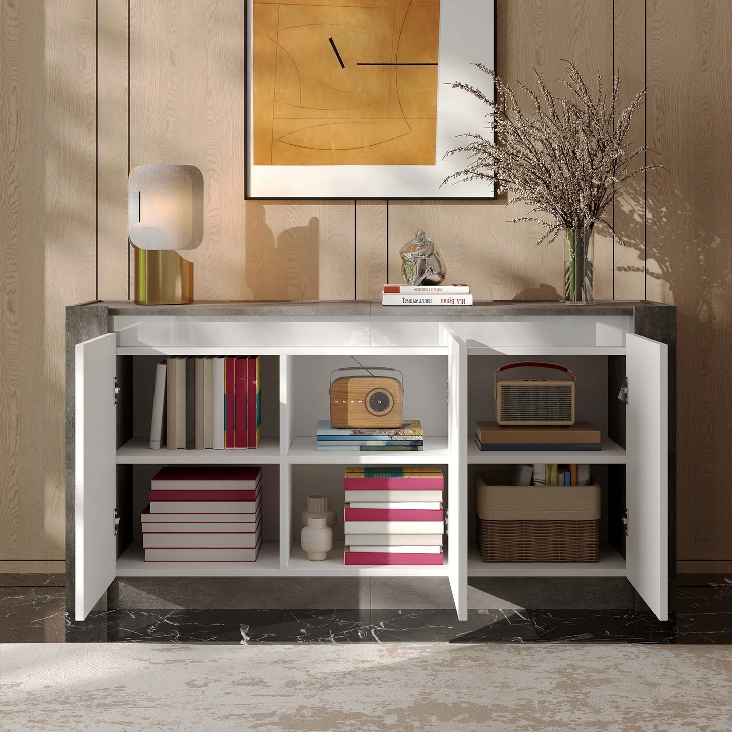 Dressoirkast – Opbergkast – Kast – Meubel – Modern – Hoogglans Wit – 3 Deuren Met Verstelbare Plank - 150 x 40 x 75 cm - Wit
