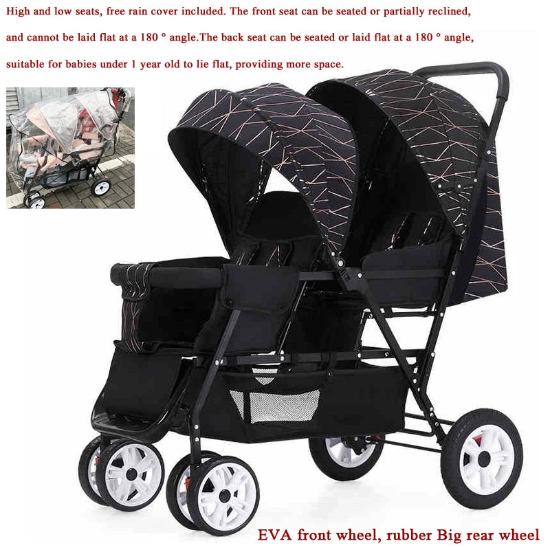 Duo Kinderwagen - Duo Buggy - Dubbele Buggy - Opvouwbare -  Verstelbare Rugleuning - Regenhoes - 72 × 42 × 97 cm - Zwart - QUORE