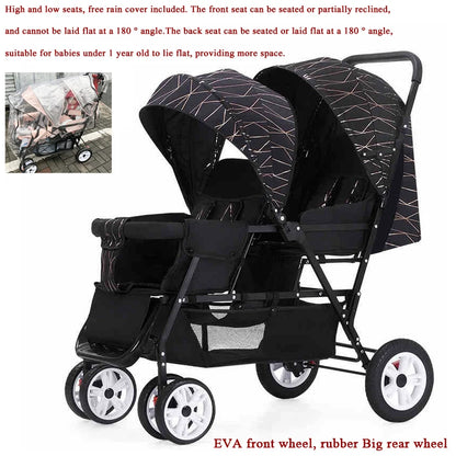 Duo Kinderwagen - Duo Buggy - Dubbele Buggy - Opvouwbare -  Verstelbare Rugleuning - Regenhoes - 72 × 42 × 97 cm - Zwart - QUORE
