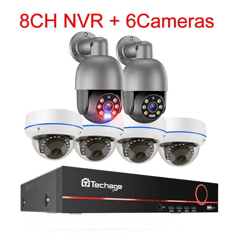 Techage 8CH 5MP POE Camera System H.265 8CH PTZ Dome Camera Human Detection CCTV Video Home Security Surveillance Set PT825G-50P