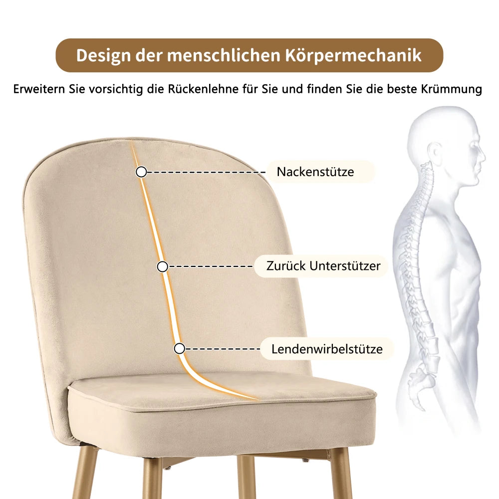 Eetkamerstoelen – Set van 2 Stoelen – Dining Stoelen – Fluwelen Stoelen – Beige Fluweel – Ergonomische Rugleuning – Gouden Metalen Poten - 45.5 x 62 x 87,5 cm