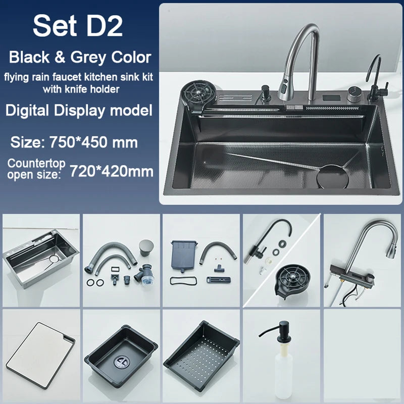 RVS Keukenspoelbak – Spoelbak RVS – Spoelbak Inbouw – Spoelbak Groot – Keukenspoelbak Één Bak – Digitale Watervalkraan – 75x45 cm Groot - QUORE