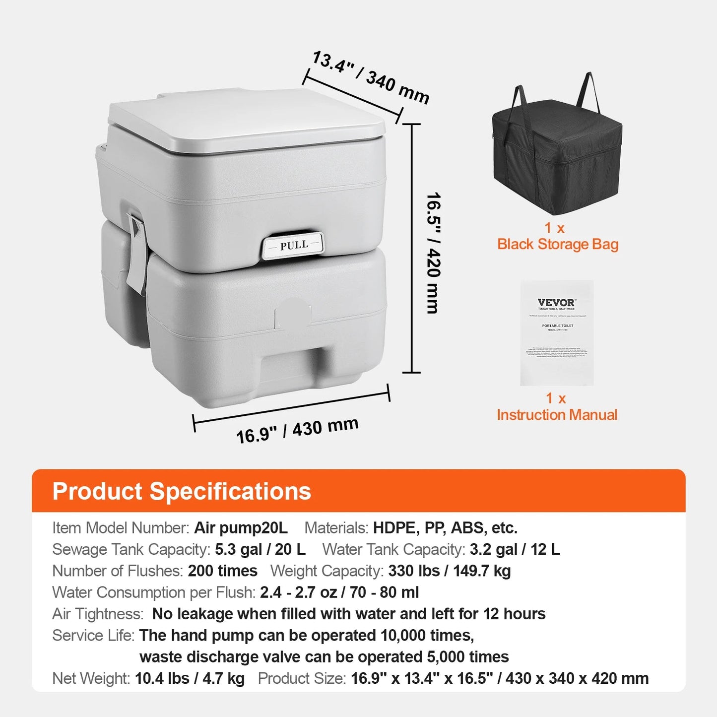 Camping Toilet - Porta Potti - Camping wc - Draagbaar Toilet -  Portable Toilet - 5.2 Gal - Lekvrij, Geurloos en Met Drukspoeling - voor Outdoor, Camper of Noodgebruik - Meeneembaar Toilet - Chemisch Toilet
