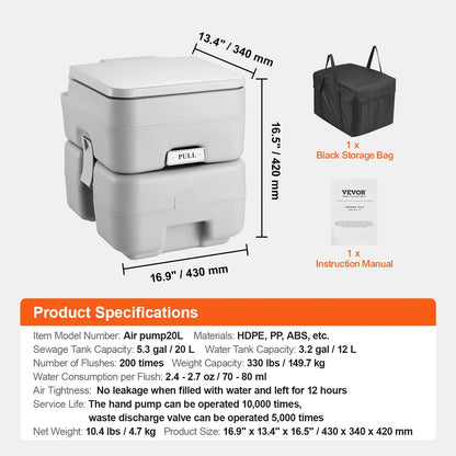 Camping Toilet - Porta Potti - Camping wc - Draagbaar Toilet -  Portable Toilet - 5.2 Gal - Lekvrij, Geurloos en Met Drukspoeling - voor Outdoor, Camper of Noodgebruik - Meeneembaar Toilet - Chemisch Toilet