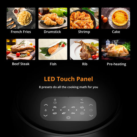 Digital Airfryer - PFAS free - Hot air fryer - Black - Digital screen - 8 presets - Including height-adjustable grill rack - Oil-free hob - with viewing window - 8QT Airfryer - Dishwasher safe