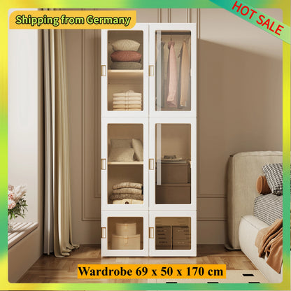 Comanlai 170cm Wardrobe,Foldable Multi-Purpose Cabinet with Transparent Doors and Rod,Plastic Cabinet for Bedroom,69x50x170 cm