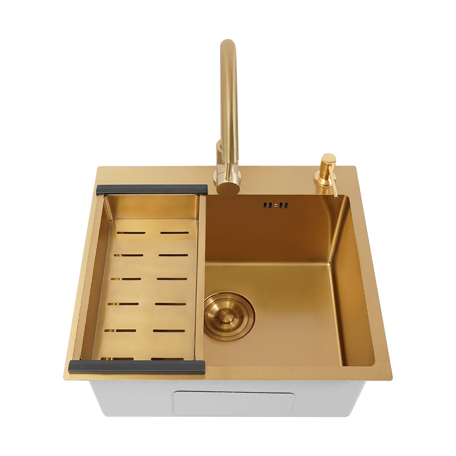 Gouden Spoelbak – Keukenspoelbak – RVS Spoelbak – Enkele Bak – Aanrechtspoelbak – Roestvrij Staal – 50x45x22 cm – Inclusief Kraan en Zeepdispenser - QUORE