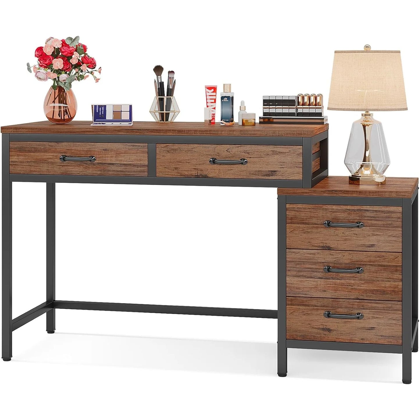 Make-up Tafel – Visagie Tafel – Schoonheidstafel – Beauty Tafel – Kaptafel – Bruin Hout – 5 Lades + Zijlade – Compact Design - QUORE