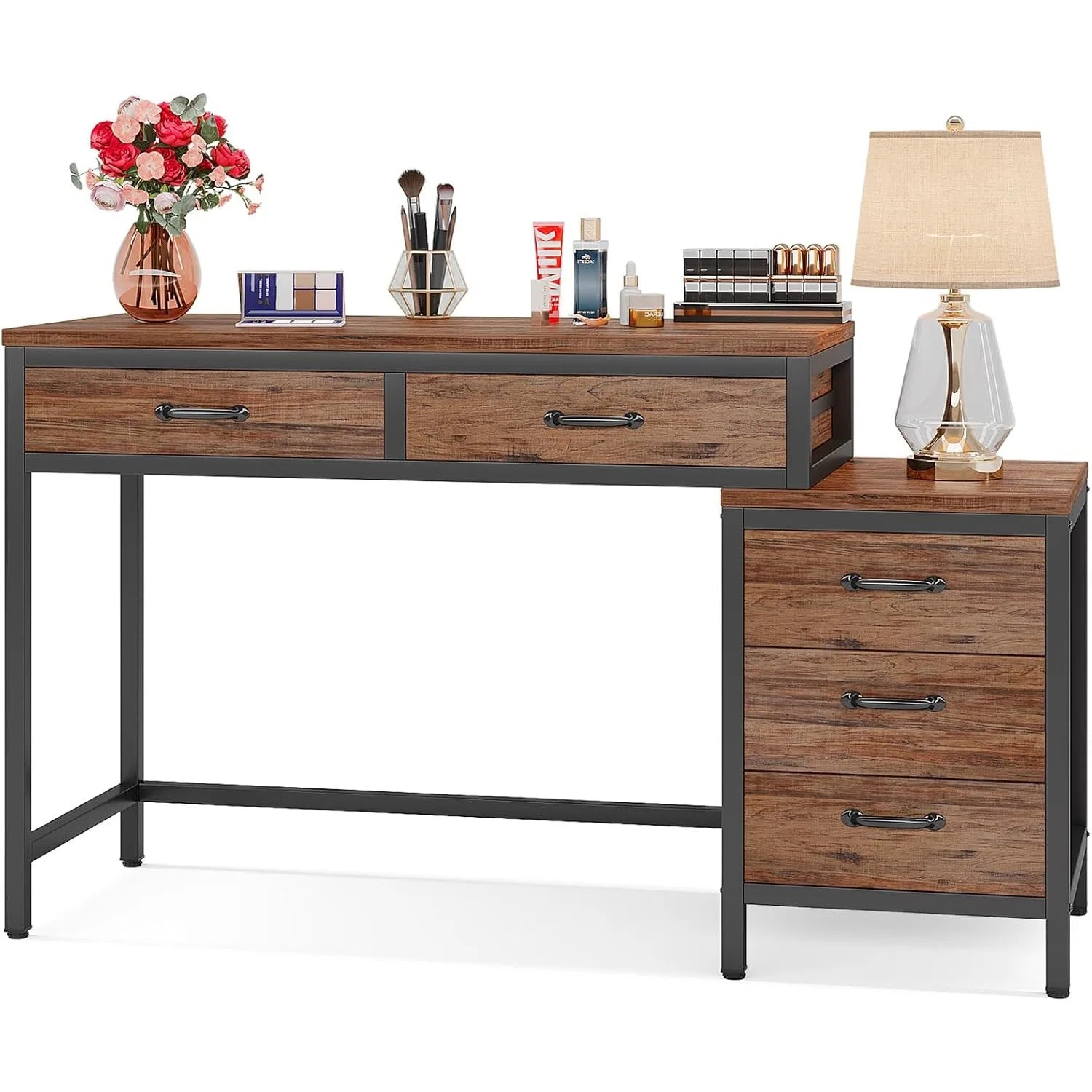 Make-up Tafel – Visagie Tafel – Schoonheidstafel – Beauty Tafel – Kaptafel – Bruin Hout – 5 Lades + Zijlade – Compact Design - QUORE