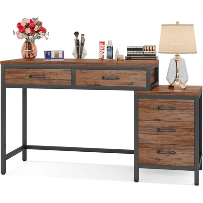 Make-up Tafel – Visagie Tafel – Schoonheidstafel – Beauty Tafel – Kaptafel – Bruin Hout – 5 Lades + Zijlade – Compact Design - QUORE