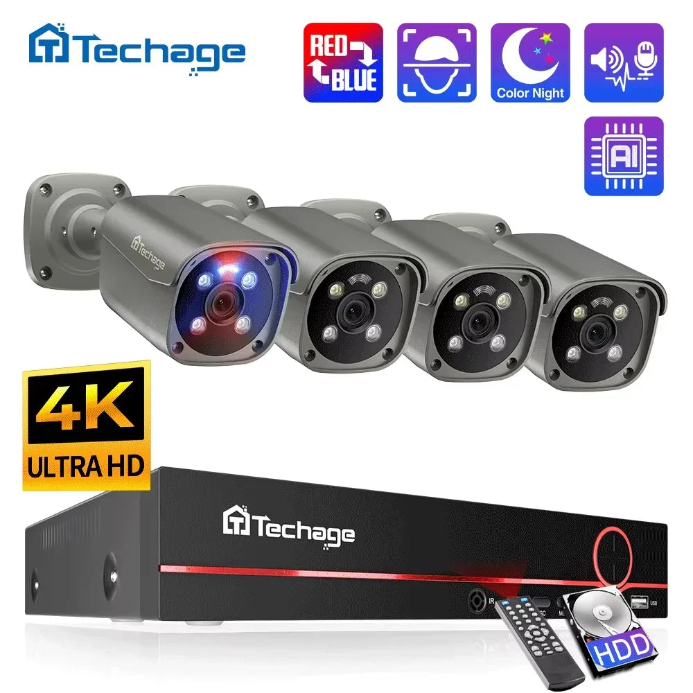 Techage 4K Ultra HD 8MP Security POE NVR Kit Human Face Detect AI Smart Camera Outdoor Home CCTV Video Surveillance Camera Set - QUORE