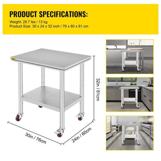 Roestvrijstalen Werktafel - Keukentrolley - Keukeneiland - Serveerwagen - Keuken Werktafel - Kookeiland - Verstelbare Legplank - met Wielen - voor Restaurant - Garage - Opslag - Keuken - 30 x 24 Inch
