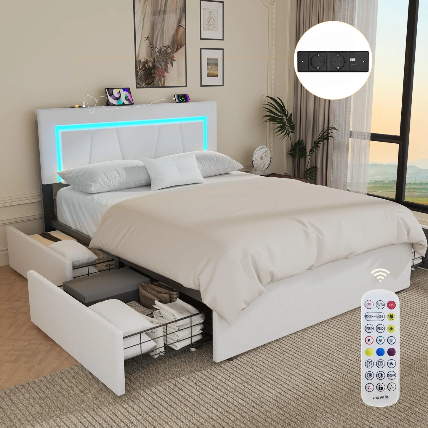 Led Boxspringbed – Gestoffeerd Bed – Opbergruimte Bed – Bedframe Met LED Verlichting – Boxspringbed 140x200 cm – Ingebouwde USB & AC Stopcontacten – Hoogwaardig PU Kunstleer - 90x200cm - Wit - QUORE