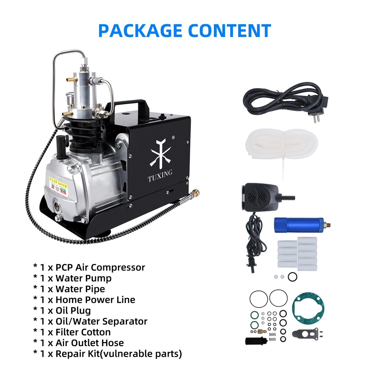 TUXING 4500Psi High Pressure PCP Air Compressor Electric Built-in Fan Compressor with Explosion-proof for Diving Scuba Airgun